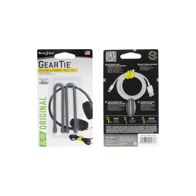 GEAR TIE® REUSABLE RUBBER TWIST TIE™ (2pcs), Charcoal - length 6"
